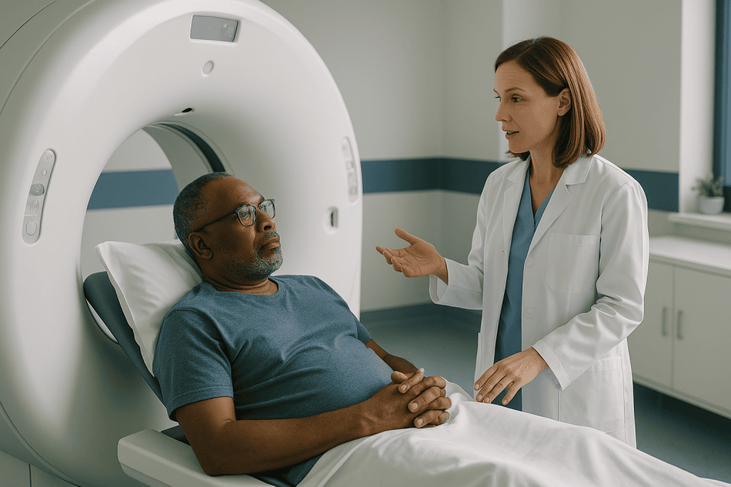 Doctor consulting patient in CT scanner room: What actually happens during a CT scan for diverticulitis