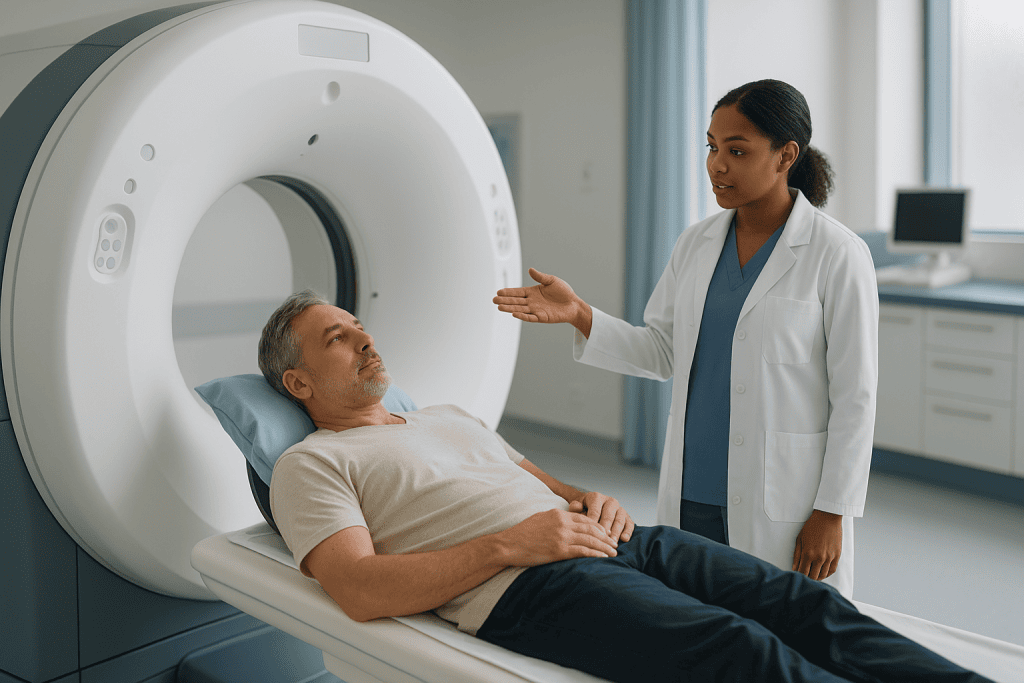 Patient undergoing CT scan with radiologist explaining procedure — What actually happens during a CT scan for kidney stones, 