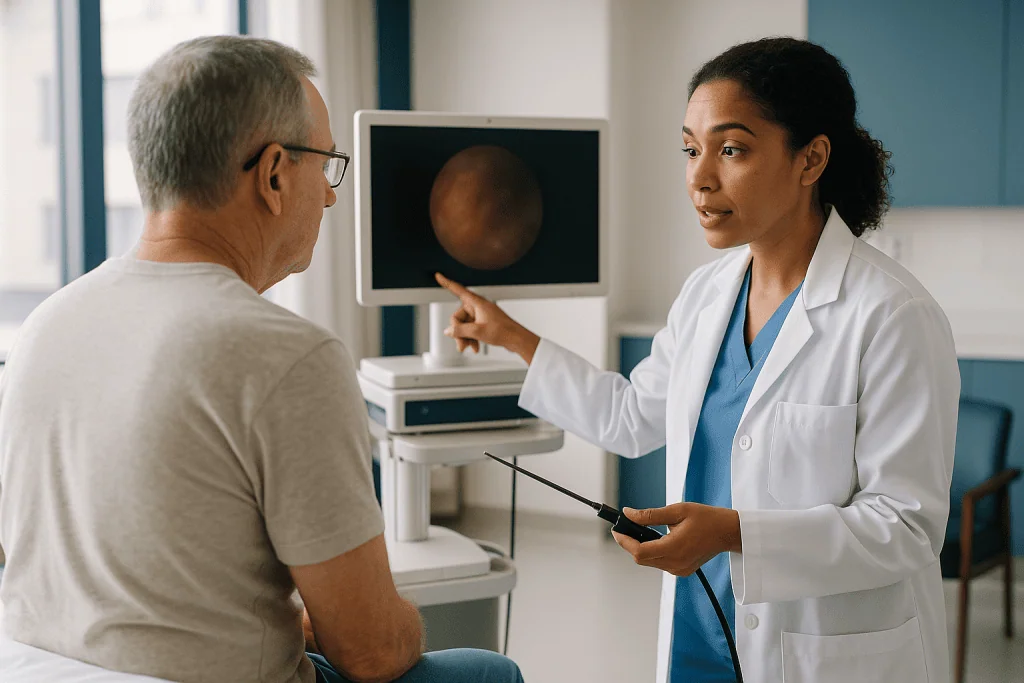 Doctor explaining medical imaging results to male patient: What actually happens during a cystoscopy?