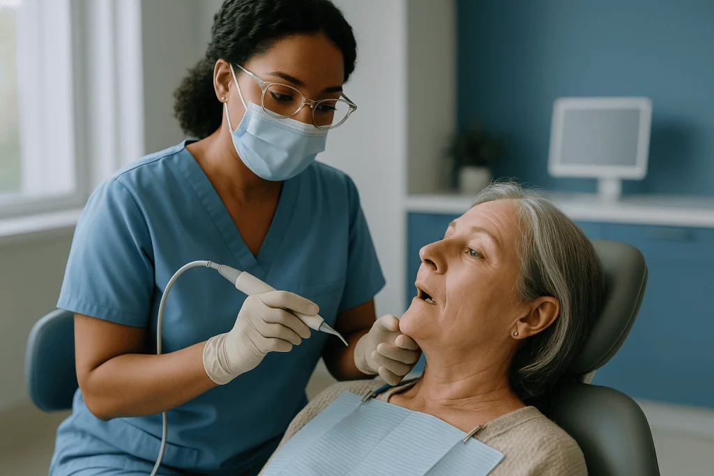 Dentist examining patient's mouth with intraoral camera: What actually happens during a deep cleaning, step by step