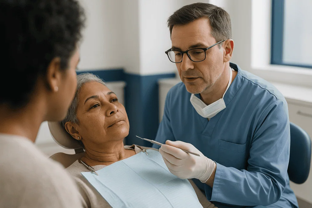 Dentist examining senior patient with assistant present: What actually happens during a filling, crown or root canal?