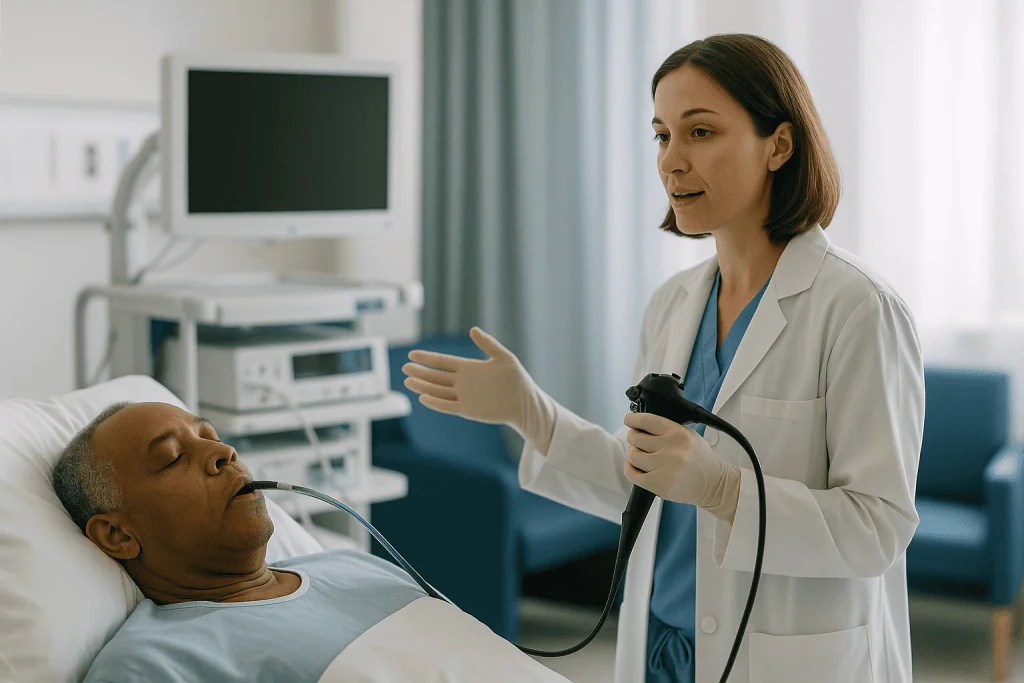 Female doctor performing bronchoscopy examination on patient: What actually happens during a flexible bronchoscopy