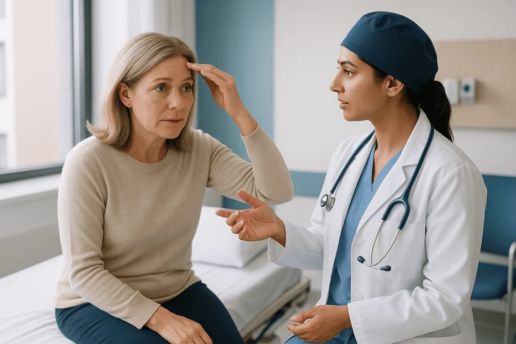 Doctor consulting with adult patient in clinical setting: What actually happens during a forehead lift