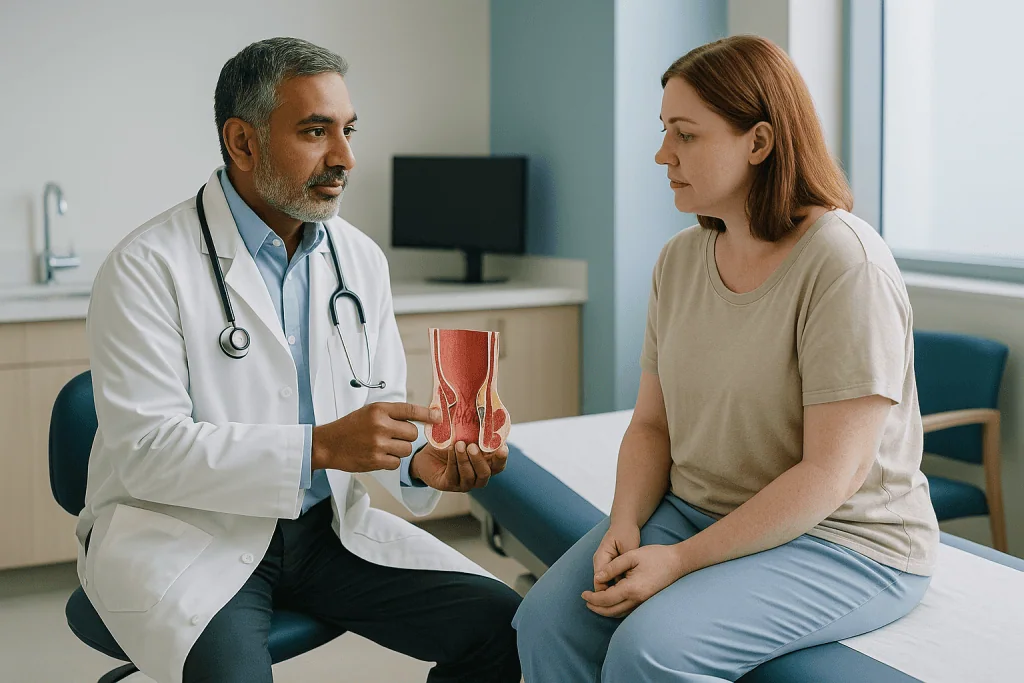 Doctor explaining hemorrhoid anatomy model to patient: What actually happens during a hemorrhoid procedure