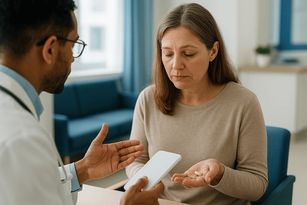 Doctor consulting patient with tablet, holding medication pills: What actually happens during a hepatitis C treatment course