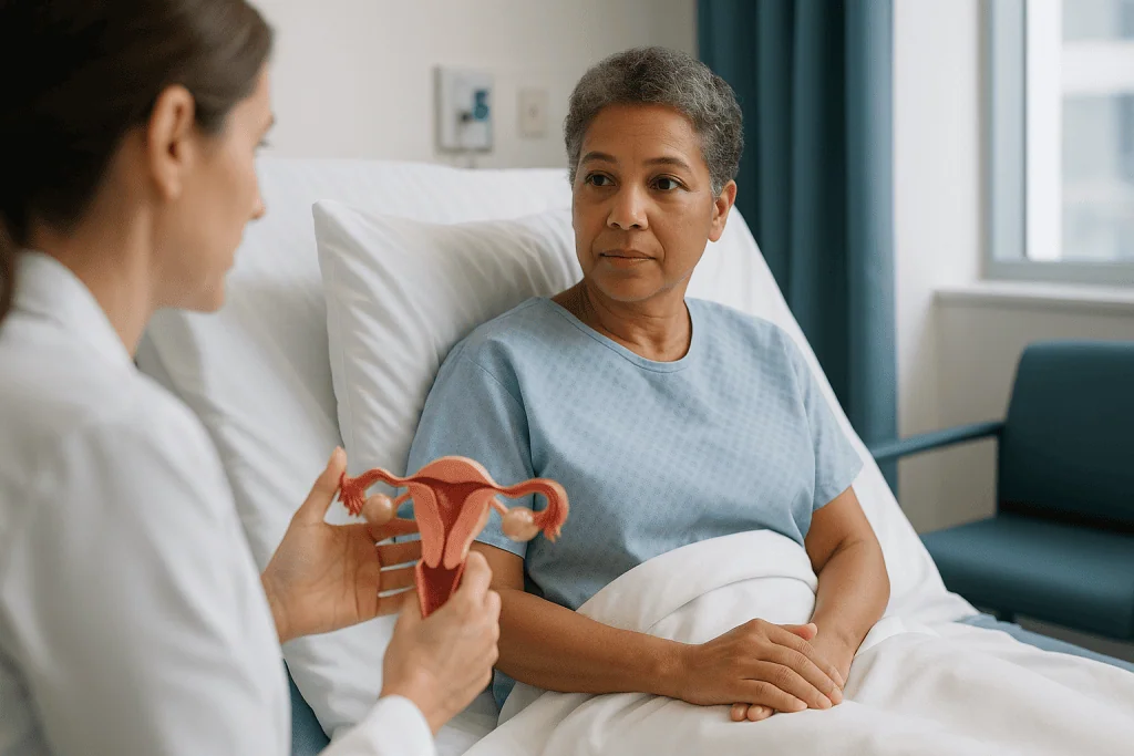 Doctor explaining reproductive anatomy model to patient: What actually happens during a hysterectomy