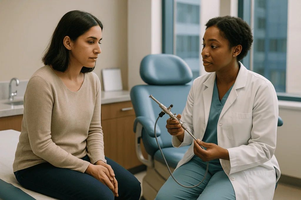 Doctor consulting female patient in clinical examination room: What actually happens during a hysteroscopy