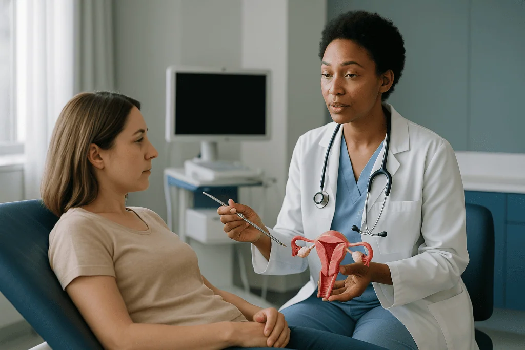 Doctor explaining reproductive anatomy model to patient: What actually happens during a hysteroscopy
