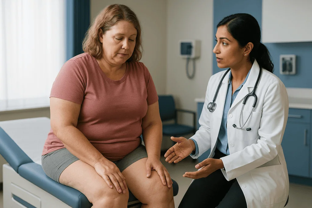 Doctor examining patient's leg in clinical setting: What actually happens during a lipedema exam