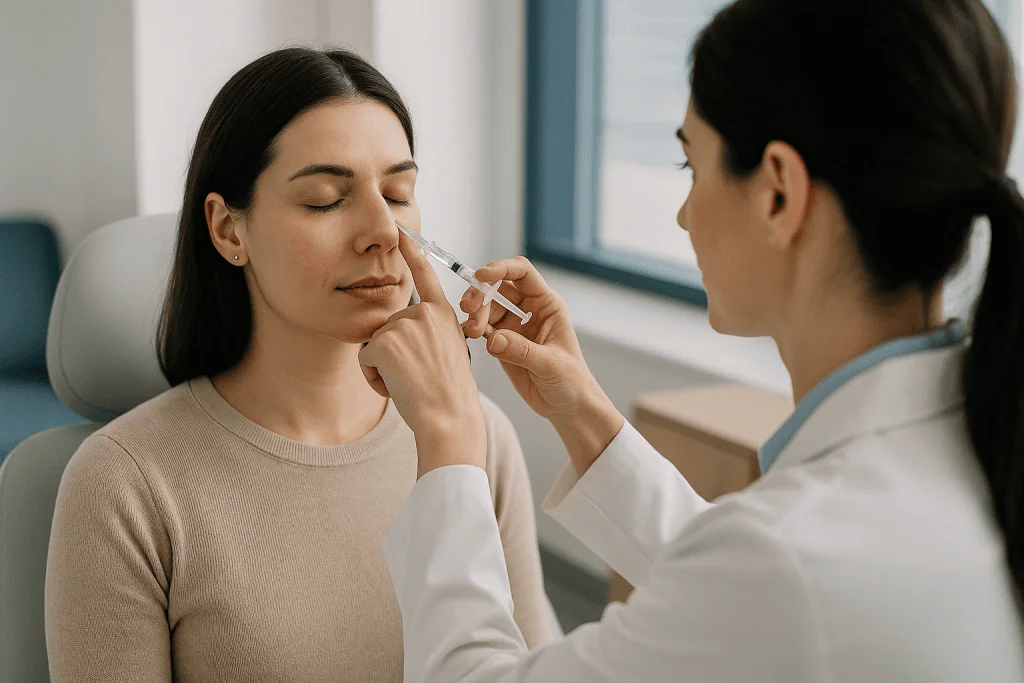 Doctor administering nasal filler injection to patient: What actually happens during a liquid rhinoplasty