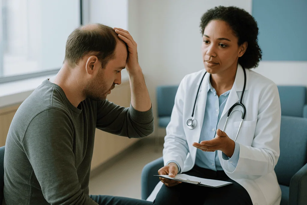 Doctor consulting with patient about medical condition: What actually happens during a medical hair loss evaluation