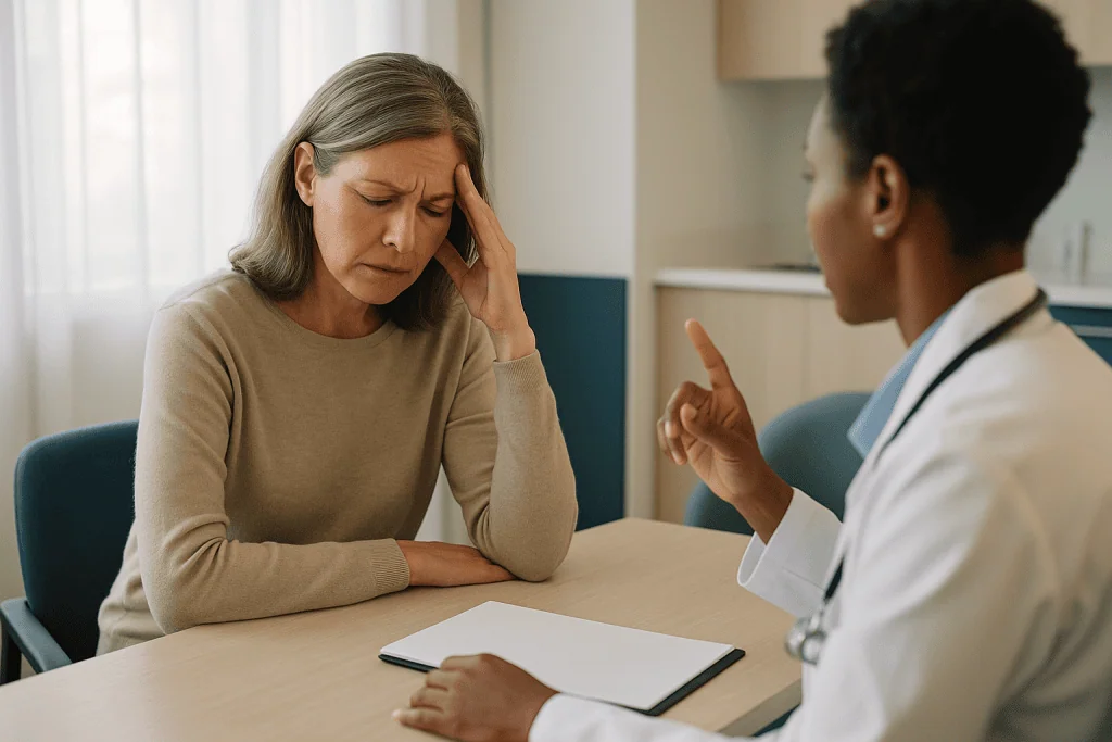 Doctor consulting with middle-aged woman about medical concerns: What actually happens during a migraine attack, and where e