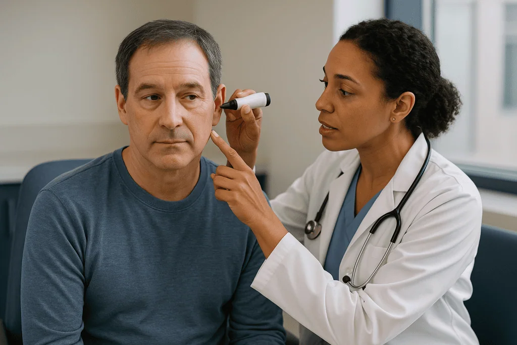Doctor examining adult patient's ear with otoscope — What actually happens during a myringotomy for adults?