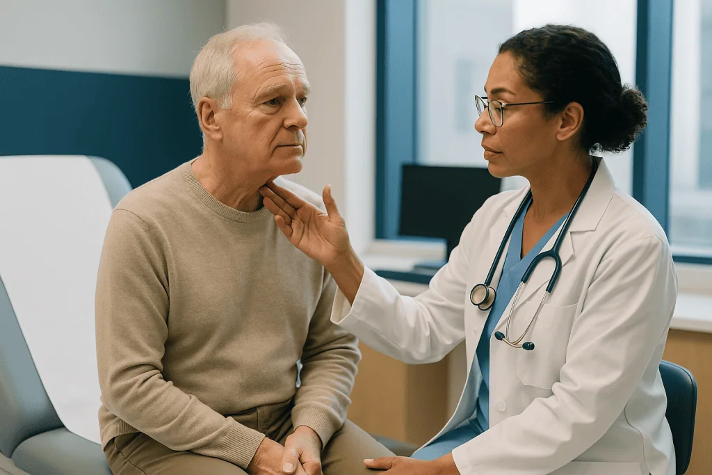 Doctor consulting with older male patient in clinical setting: What actually happens during a neck dissection