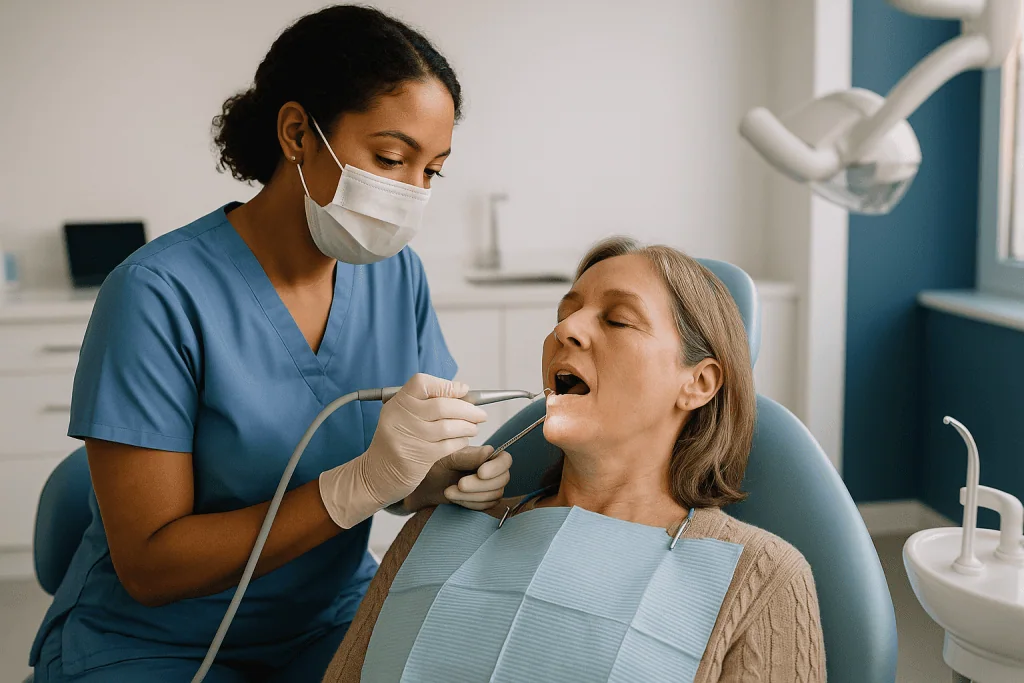 Dental hygienist performing intraoral cleaning on adult patient: What actually happens during a routine dental cleaning