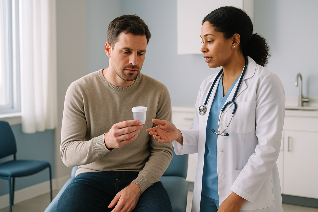 Doctor consulting with male patient holding specimen container: What actually happens during a semen analysis