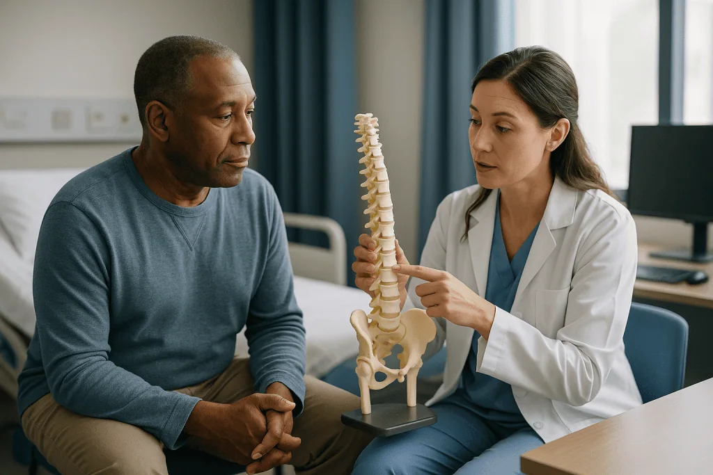 Doctor explaining spine model to male patient: What actually happens during a spinal fusion?