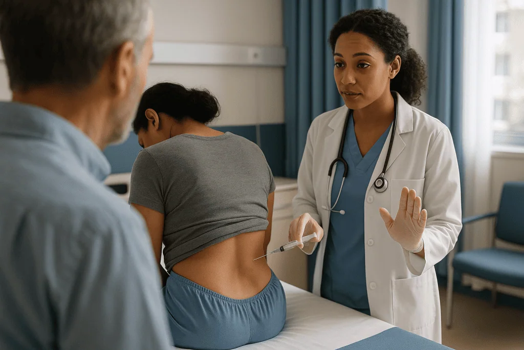 Doctor consulting with patient about injection or procedure: What actually happens during a spinal tap for meningitis