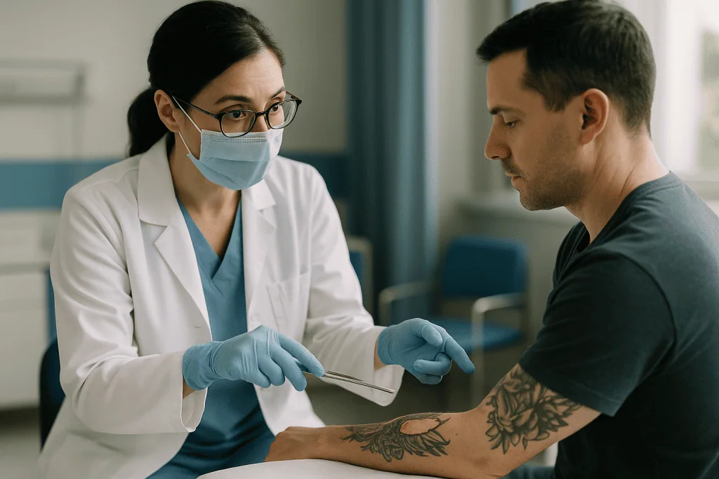 Doctor examining patient's arm with medical instruments: What actually happens during a staged excision session
