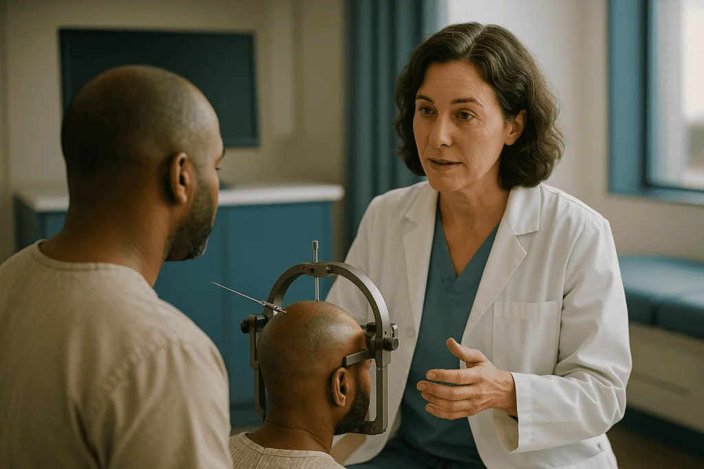 Doctor consulting patient with neurological assessment device: What actually happens during a stereotactic brain biopsy