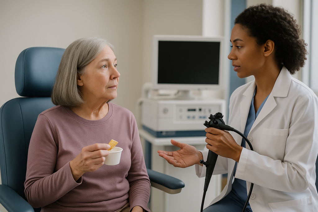 Doctor demonstrating endoscopy equipment to senior patient: What actually happens during a swallowing study, step by step