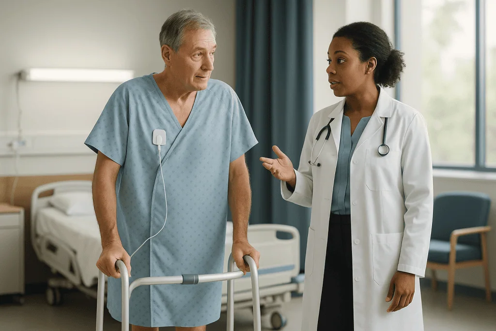 Doctor consulting patient with walker in hospital room: What actually happens during a TEER procedure