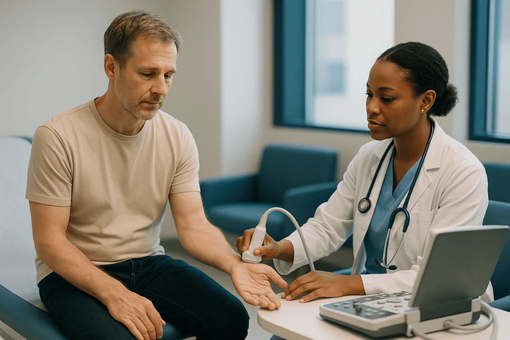 Doctor examining patient's arm with blood pressure cuff: What actually happens during a tenosynovitis ultrasound