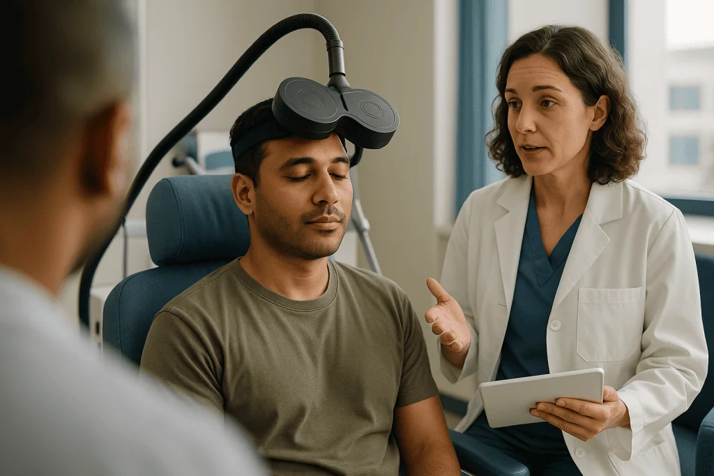 Doctor consulting patient wearing VR headset in clinic: What actually happens during a TMS session