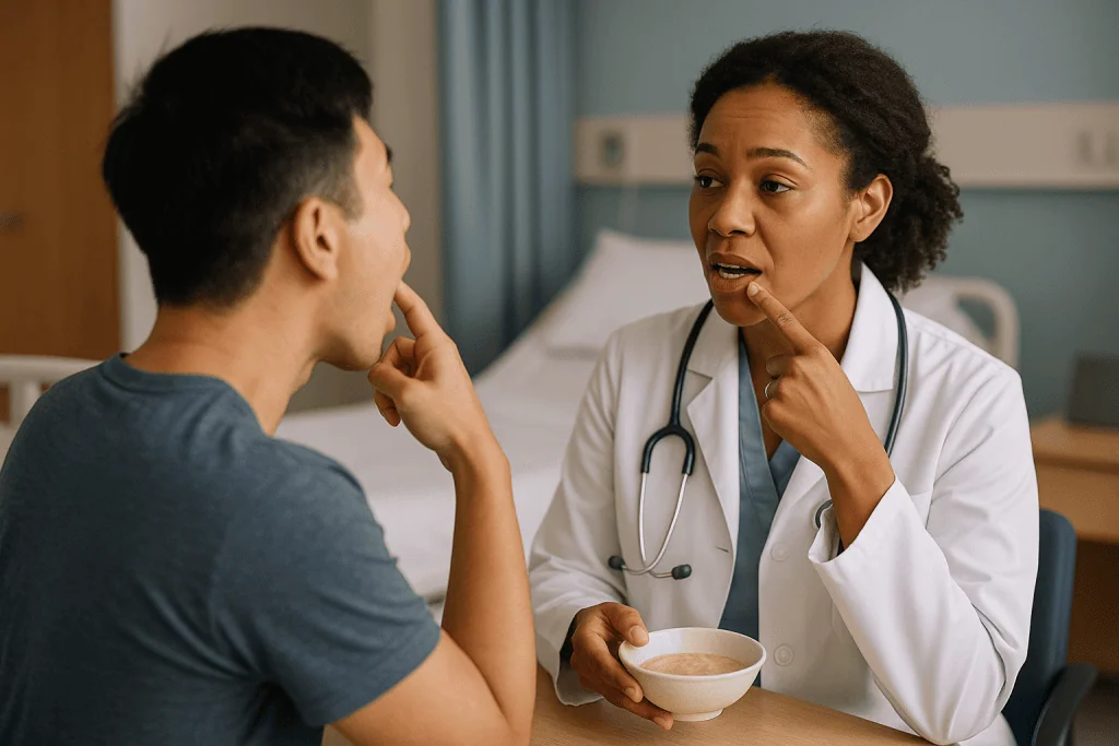 Doctor consulting patient about diet and hydration: What actually happens during a tonsillectomy, and why eating hurts after