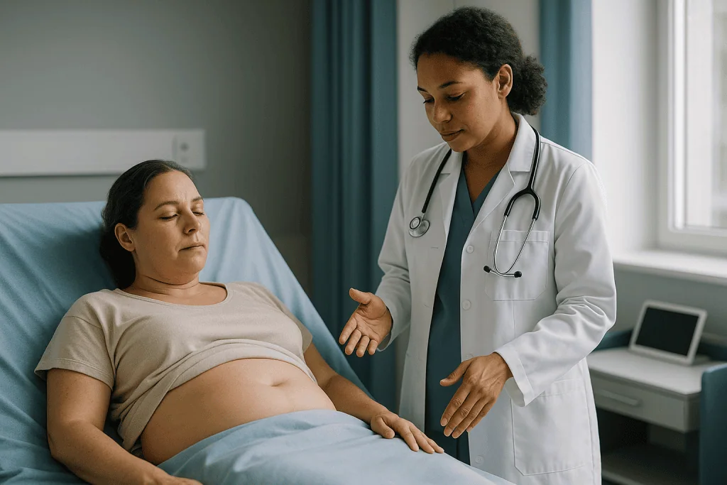 Pregnant woman in consultation with female physician: What actually happens during a tummy tuck