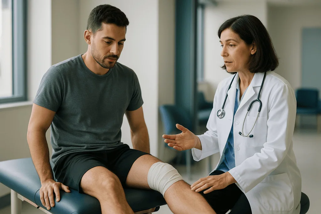 Doctor examining patient's knee with bandage: What actually happens during ACL reconstruction and the healing that follows
