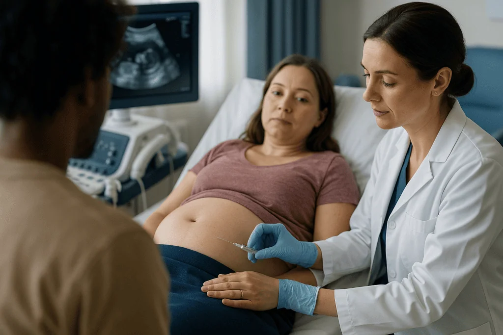 Pregnant woman receiving amniocentesis procedure with ultrasound: What actually happens during an amniocentesis, step by ste