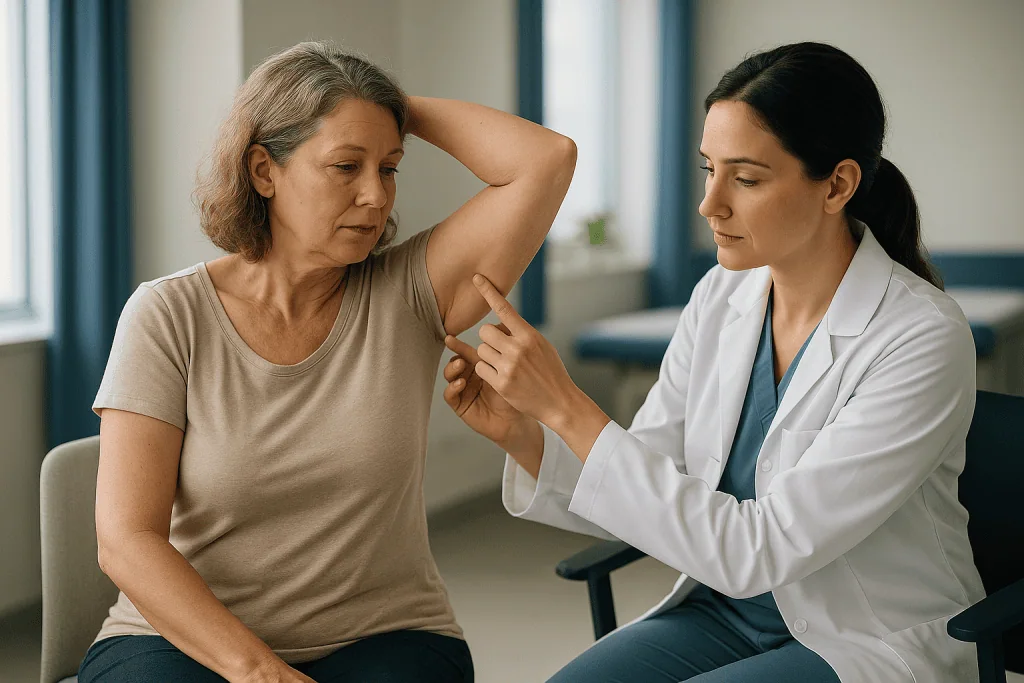 Doctor examining patient's arm during medical consultation: What actually happens during an arm lift (brachioplasty)