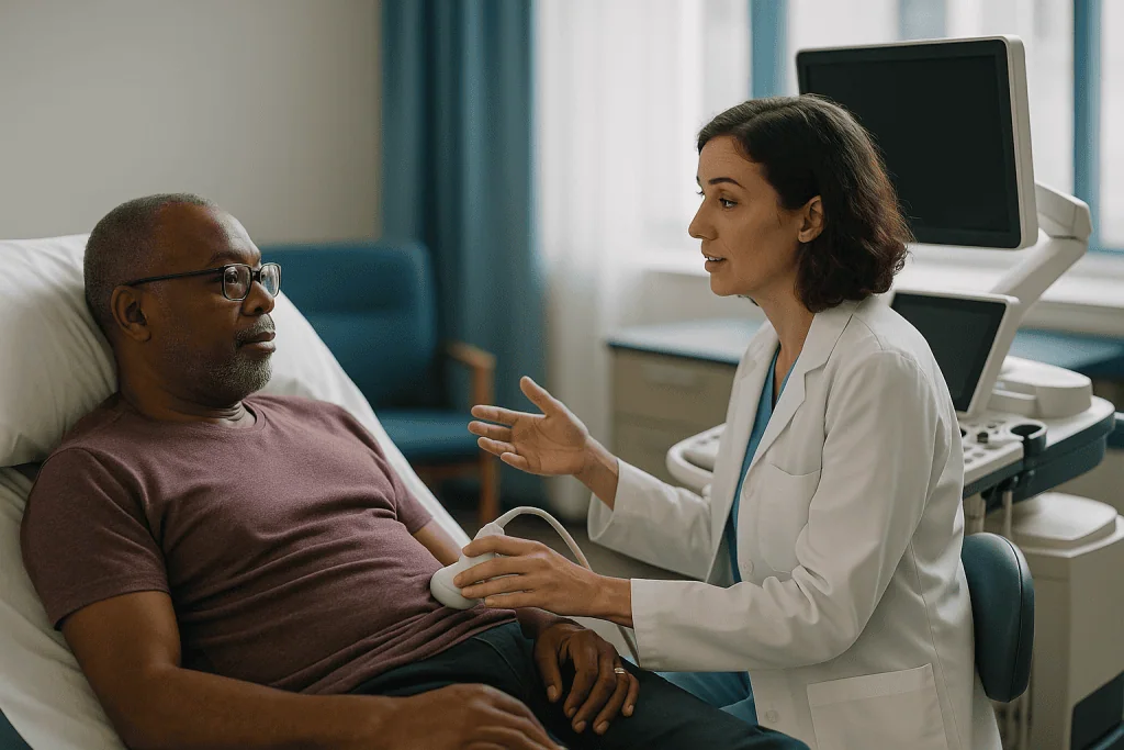 Doctor consulting with male patient in clinical setting: What actually happens during an echo, and why the sonographer stays