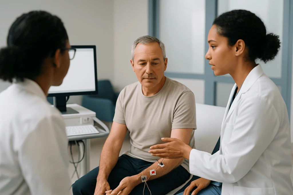 Doctor consulting with patient about medical procedure: What actually happens during an EMG and nerve conduction study