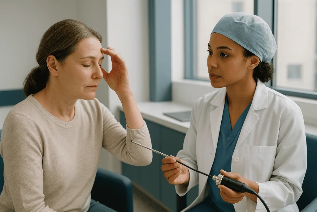Doctor examining patient's forehead with otoscope: What actually happens during an endoscopic brow lift, step by step