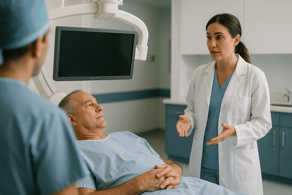 Doctor consulting patient with medical staff present: What actually happens during an endovascular procedure