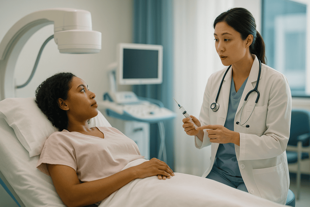 Pregnant patient consulting with female doctor holding syringe: What actually happens during an HSG test for blocked tubes