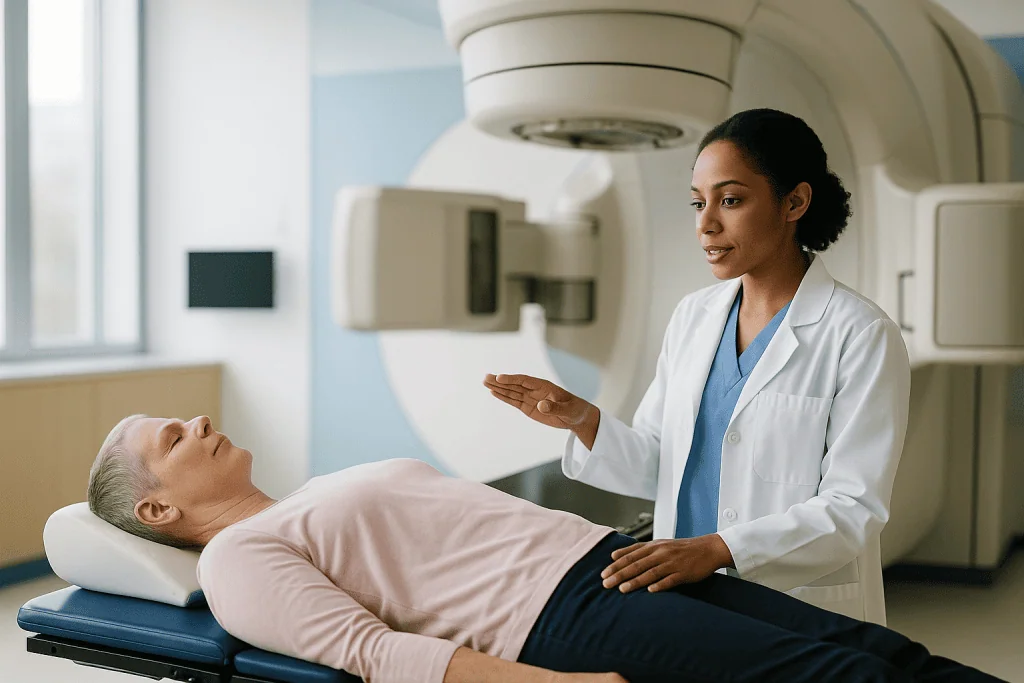 Doctor consulting patient, possibly ultrasound or general examination: What actually happens during an IMRT or VMAT session