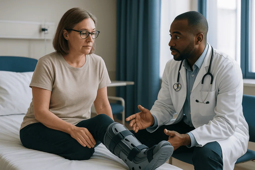 Doctor consulting patient wearing orthopedic foot boot: What actually happens during and right after foot surgery