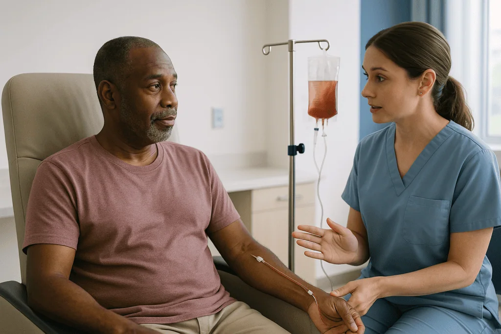 Healthcare provider consulting patient during IV infusion: What actually happens during CAR-T, from blood draw to infusion