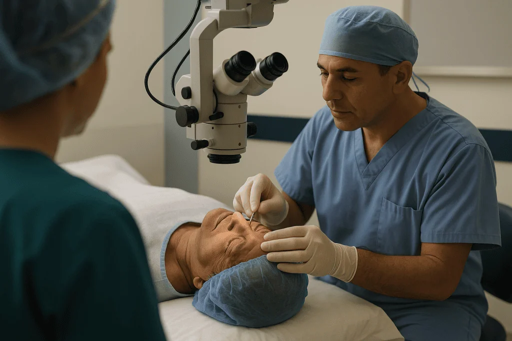 Surgeon examining patient's eye with surgical microscope — What actually happens during cataract surgery, step by step