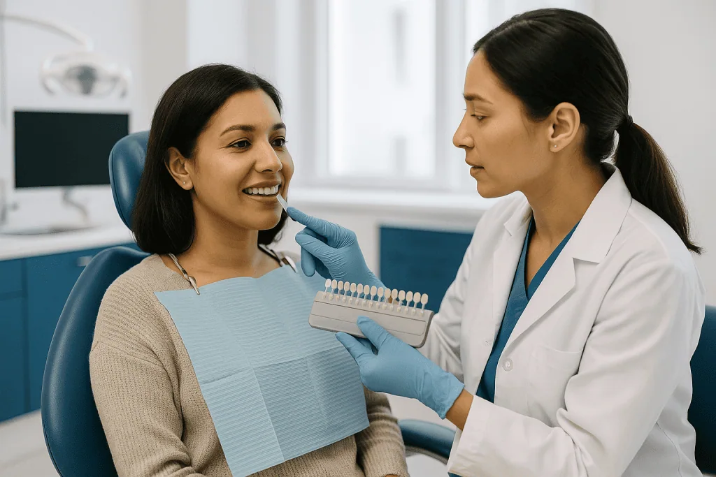 Dentist showing tooth shade guide to smiling patient: What actually happens during composite bonding, step by step