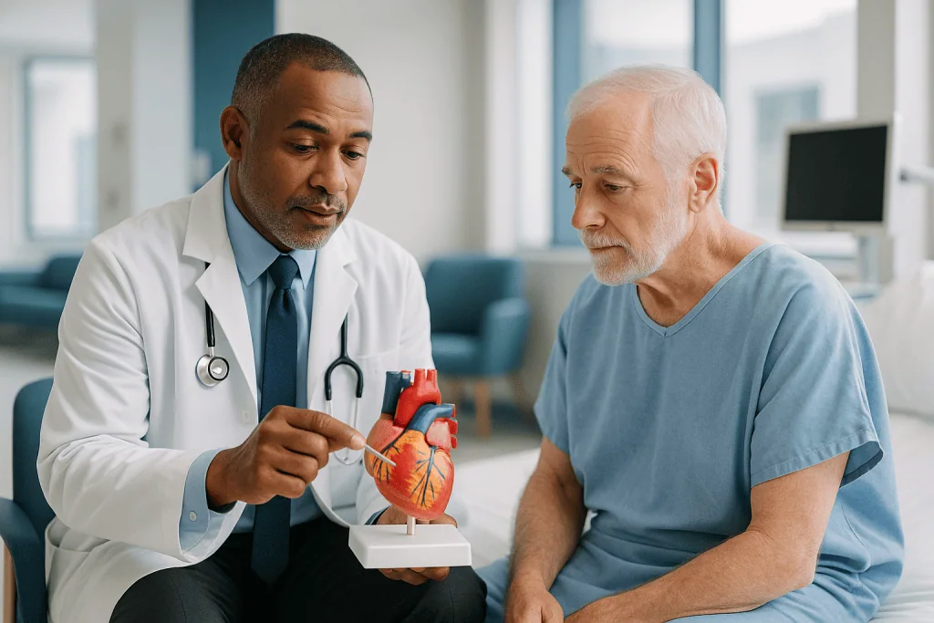 Cardiologist explaining heart model to senior male patient: What actually happens during coronary artery bypass grafting?