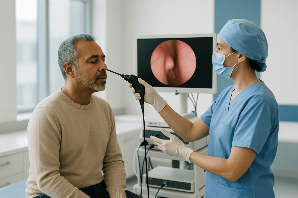 ENT specialist performing endoscopic nasal examination on patient: What actually happens during endoscopic sinus surgery