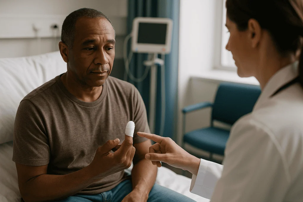 Healthcare provider examining patient's bandaged finger in hospital: What actually happens during finger or toe surgery, in 