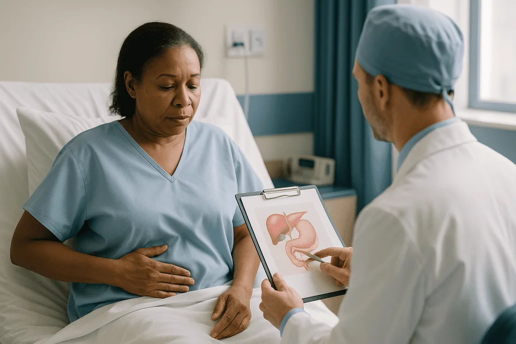 Doctor consulting patient about digestive system using diagram — What actually happens during gallbladder removal