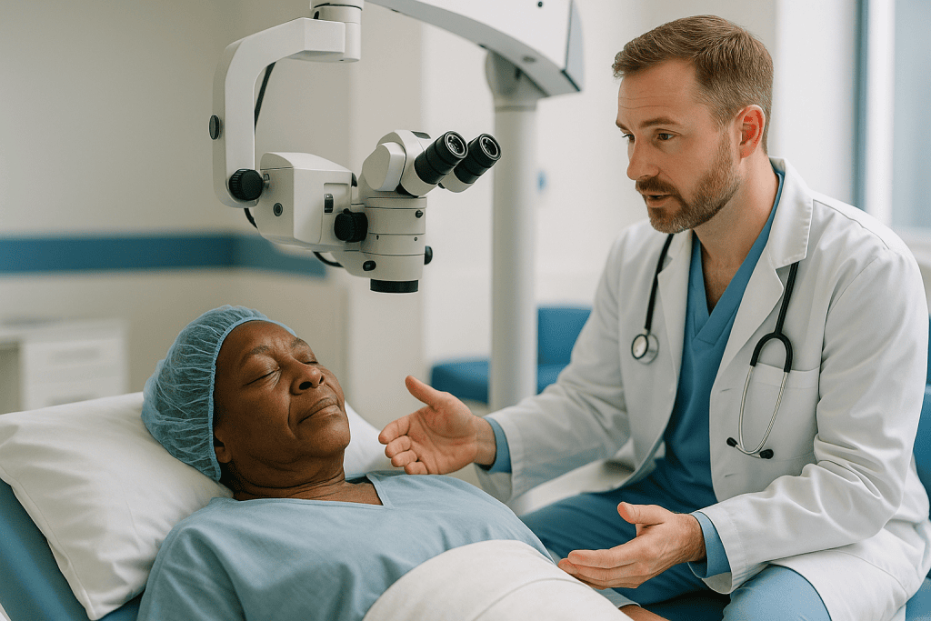 Ophthalmologist examining patient with surgical microscope: What actually happens during glaucoma surgery