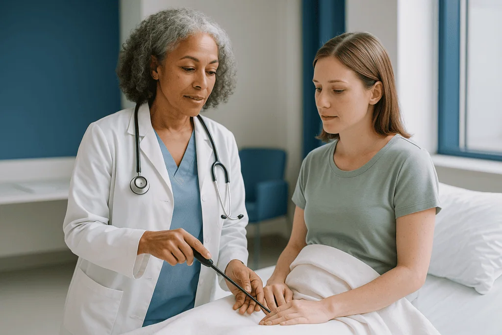 Doctor examining patient's hand with reflex hammer: What actually happens during gynecologic laparoscopy