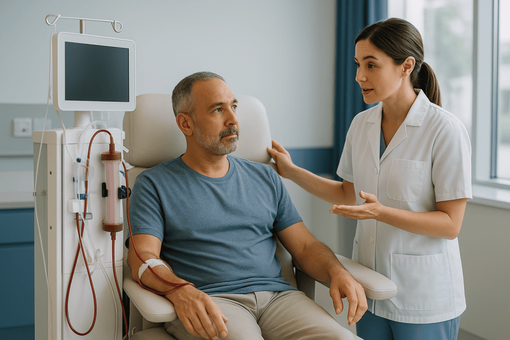 Healthcare provider consulting male patient during dialysis treatment — What actually happens during hemodialysis